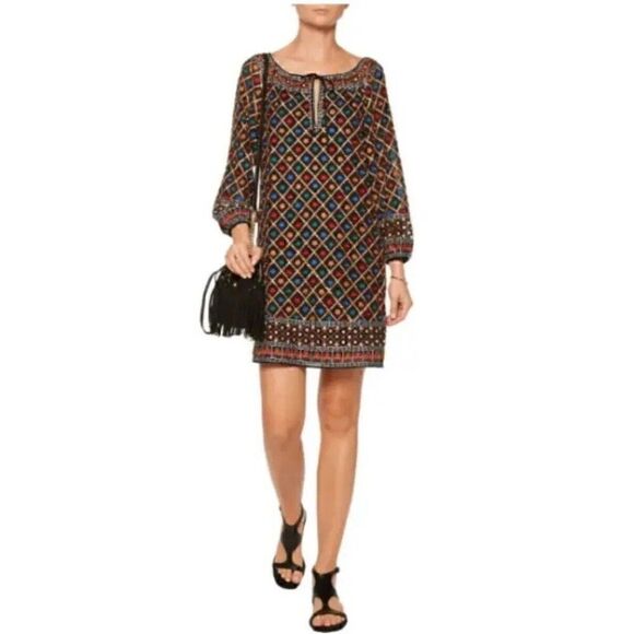 Alice+Olivia Sz M Gillian Black/Multi Embroidered Beaded Peasant Shift Dress - Picture 1 of 10